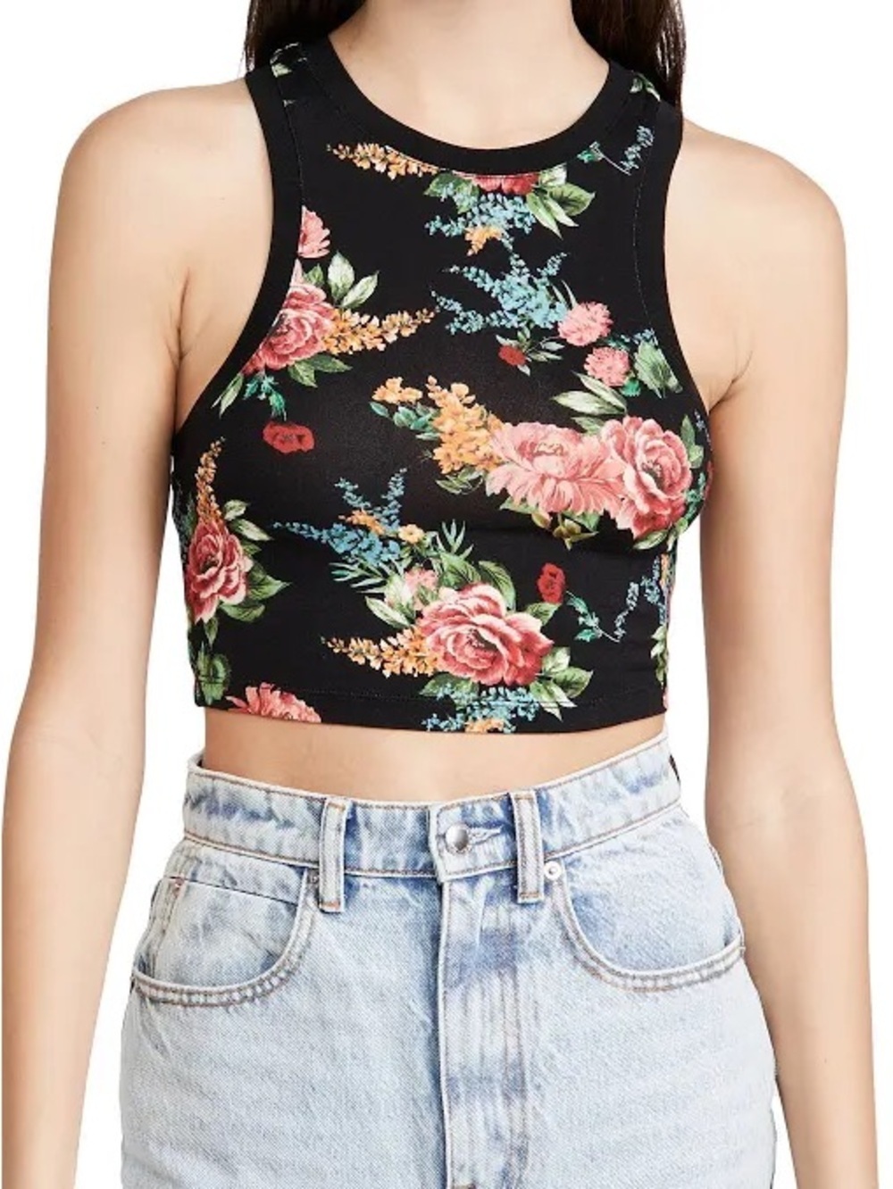 Alice + Olivia Women's Melva Black Floral Print Racerback Crop Tank Top Stretch